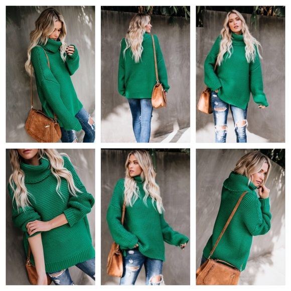 Green Extra Thick & Chunky Turtleneck Knit Sweater - Picture 2 of 9